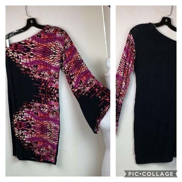 Snake print one shoulder flare sleeve jersey dress - Picture 1 of 6